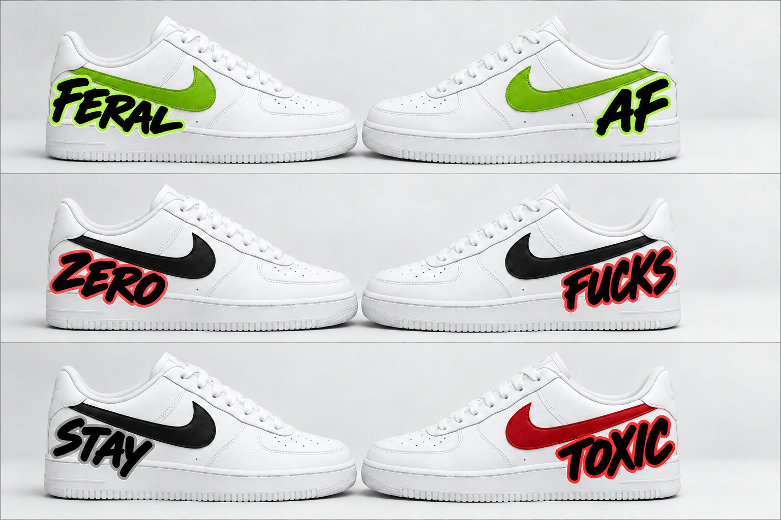 Bold digital concept board showing three white Air Force 1 designs with coloured swooshes and the sayings Feral AF, Zero Fucks and Stay Toxic