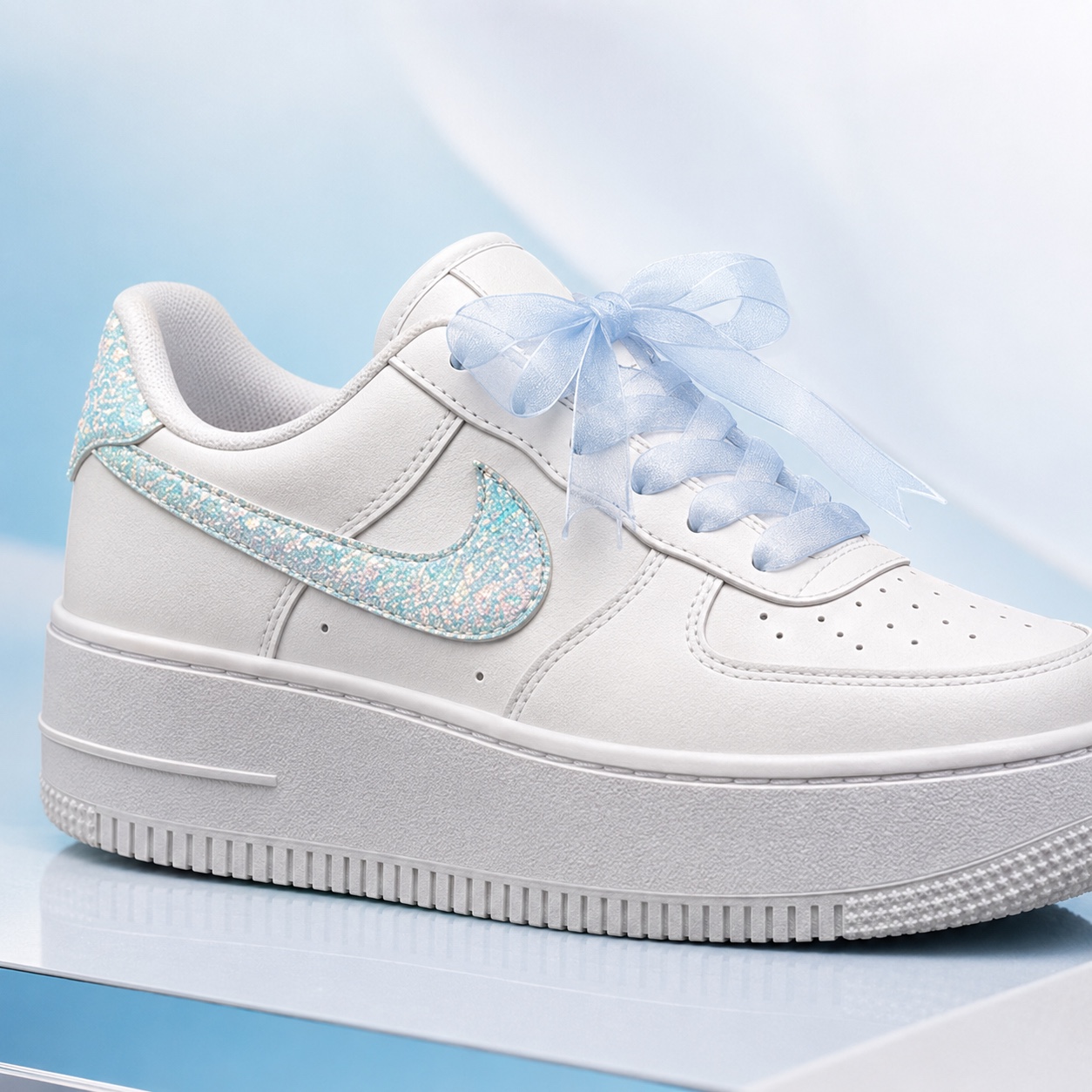 Icy blue iridescent platform sneaker with translucent ribbon laces — before + after