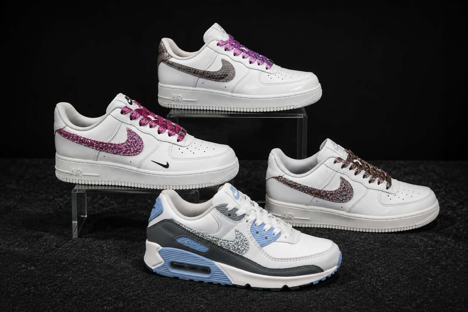 Rosé, Viper, Opal and Frost arranged on clear stands in the BlingBoxx studio