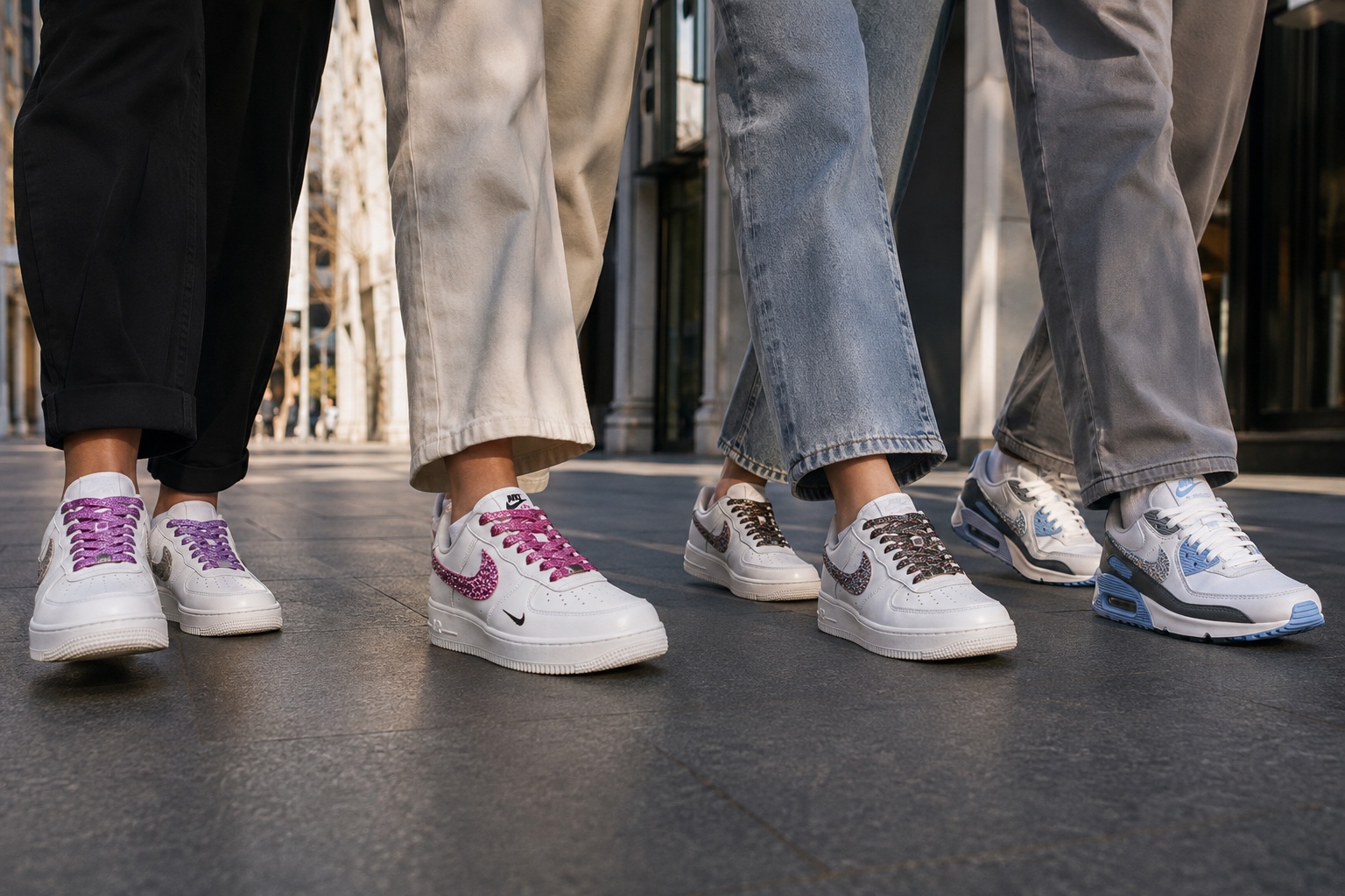 Four friends wearing different BlingBoxx custom sneakers while walking together — BYO Shoe