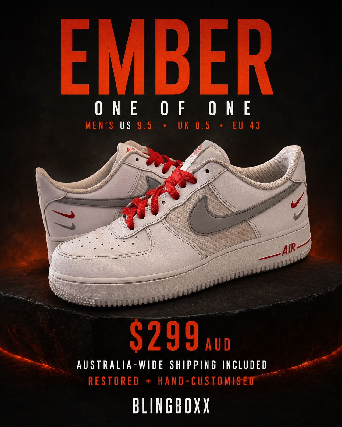 Ember restored men's Nike Air Force 1 with grey panels and ember-red custom details