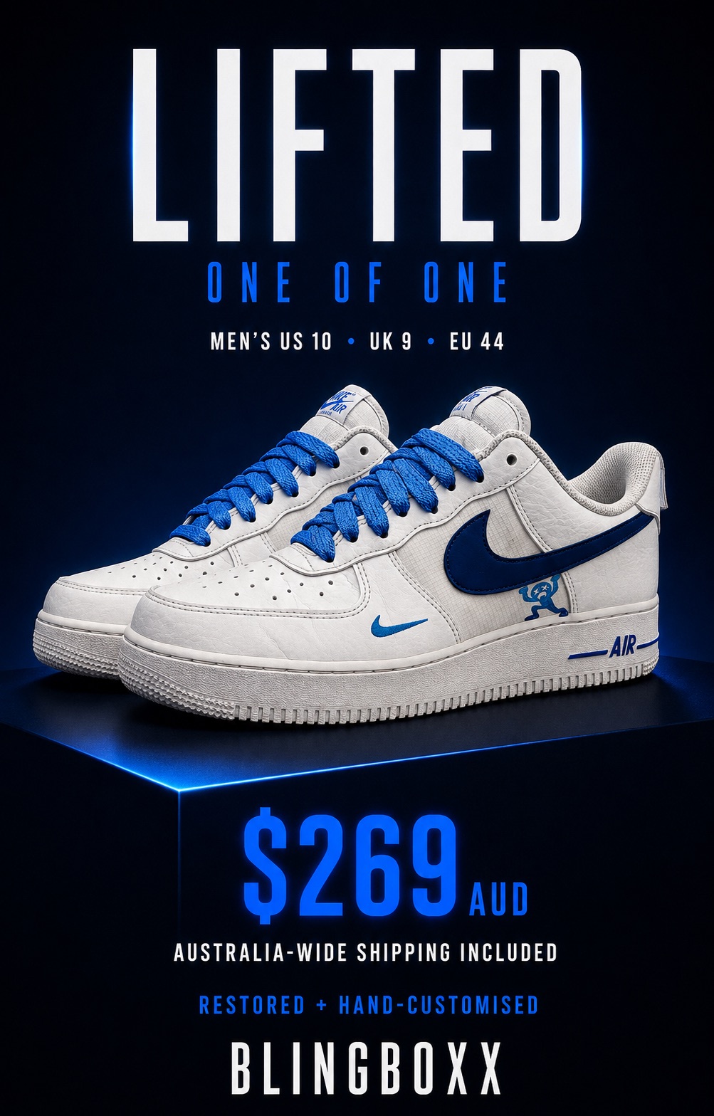 Lifted restored men's Nike Air Force 1 with royal blue details and a character lifting the Swoosh