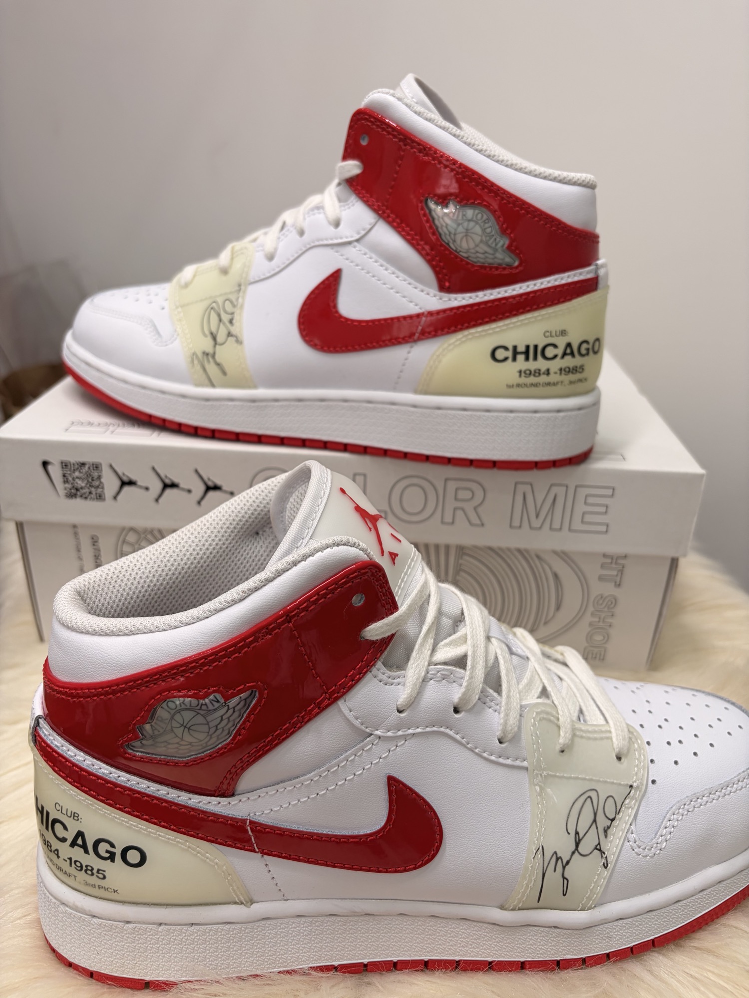 Close detail of the finished Chicago-inspired custom sneaker with laces after restoration