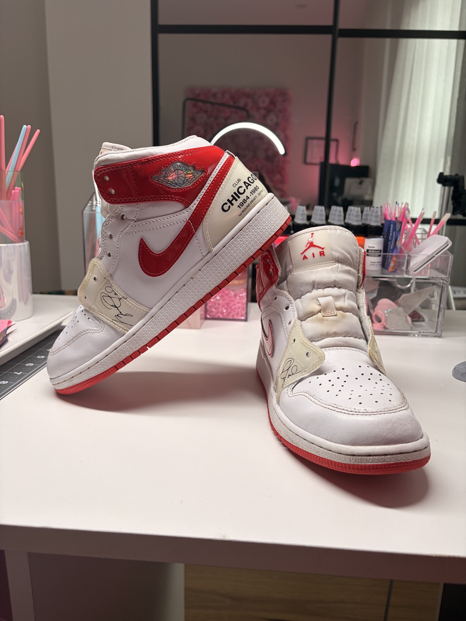 Chicago-inspired sneakers without laces before restoration at the BlingBoxx workbench